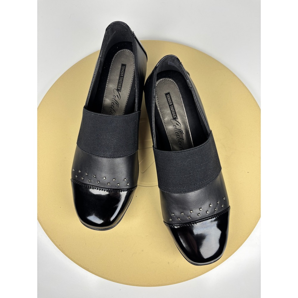 Tender Tootsies Black Patent Cap Toe Studded Elastic Slip On Loafers Women 7M